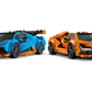 The LEGO® Speed Champions Lamborghini Revuelto & Huracán STO set from Legos - Toyhouse features blue and orange model cars displayed side by side, perfect for fans of Lamborghini toy cars and car building kits.