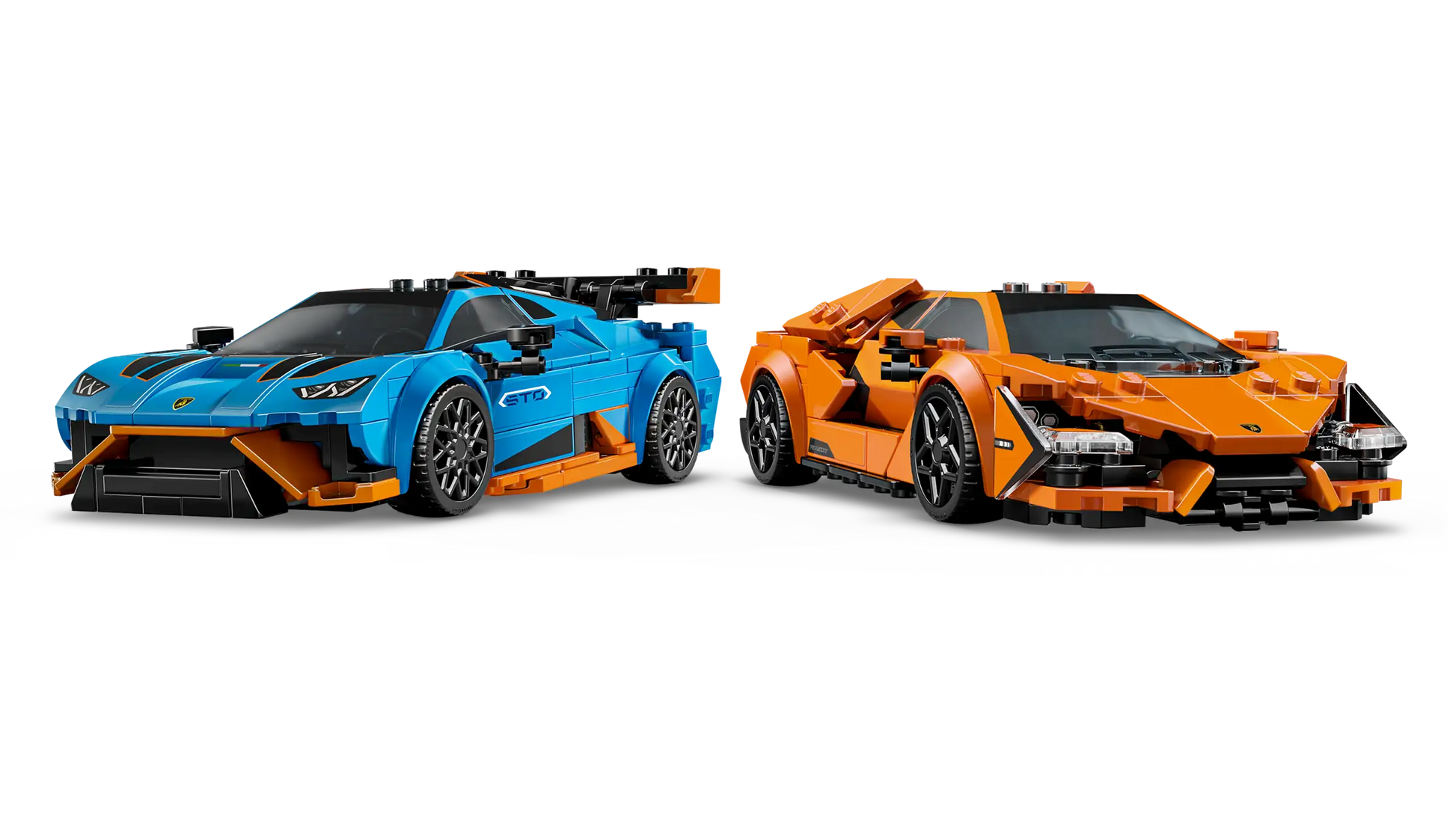 The LEGO® Speed Champions Lamborghini Revuelto & Huracán STO set from Legos - Toyhouse features blue and orange model cars displayed side by side, perfect for fans of Lamborghini toy cars and car building kits.