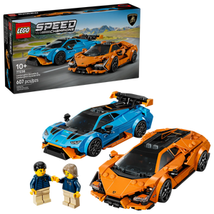 The LEGO® Speed Champions Lamborghini Revuelto & Huracán STO by Legos - Toyhouse features blue and orange Lamborghini toy cars, two minifigures, and the set box for an exciting building experience.