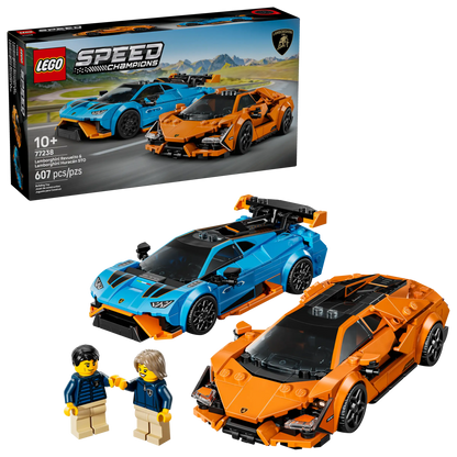 The LEGO® Speed Champions Lamborghini Revuelto & Huracán STO by Legos - Toyhouse features blue and orange Lamborghini toy cars, two minifigures, and the set box for an exciting building experience.