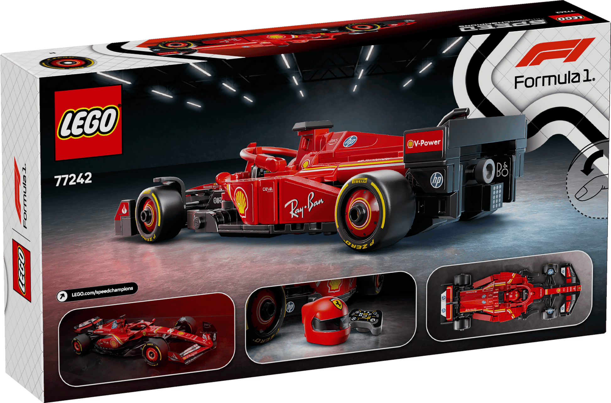 The LEGO® Speed Champions Ferrari SF-24 F1® Race Car by Legos - Toyhouse features a red race car with sponsor logos, plus images of the car, steering wheel, and helmet on the bottom of the box.