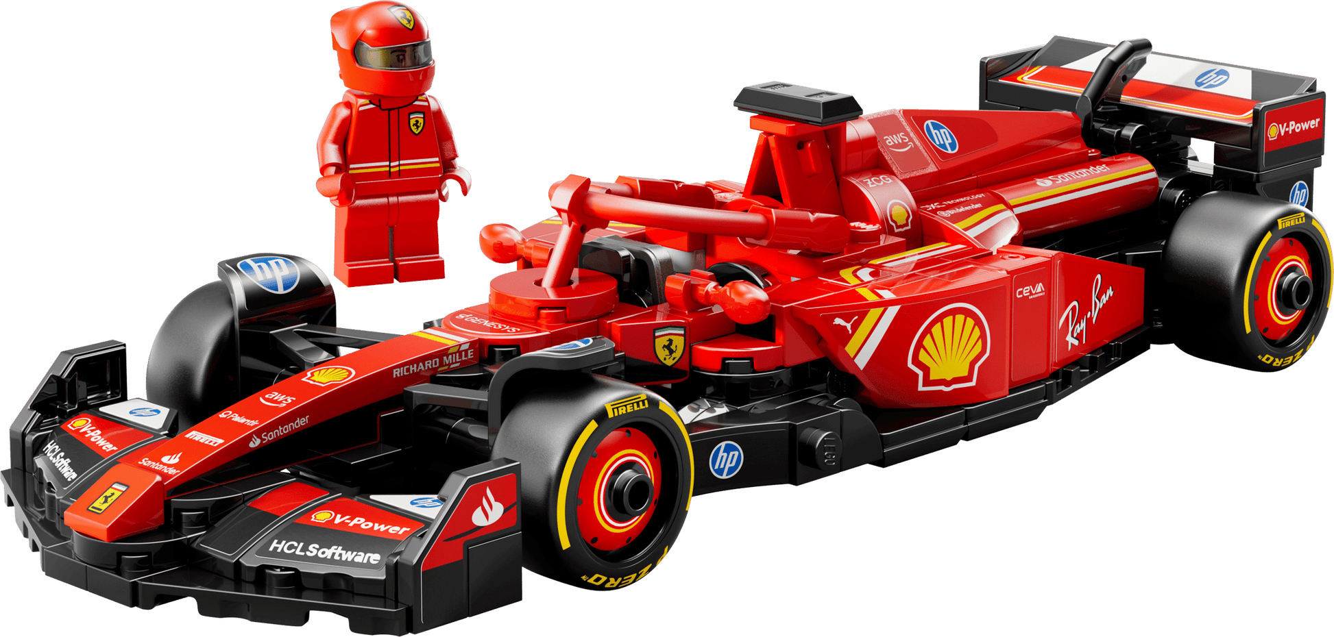 The Legos - Toyhouse LEGO® Speed Champions Ferrari SF-24 F1® Race Car includes sponsor logos and a minifigure in a matching red racing suit with helmet.
