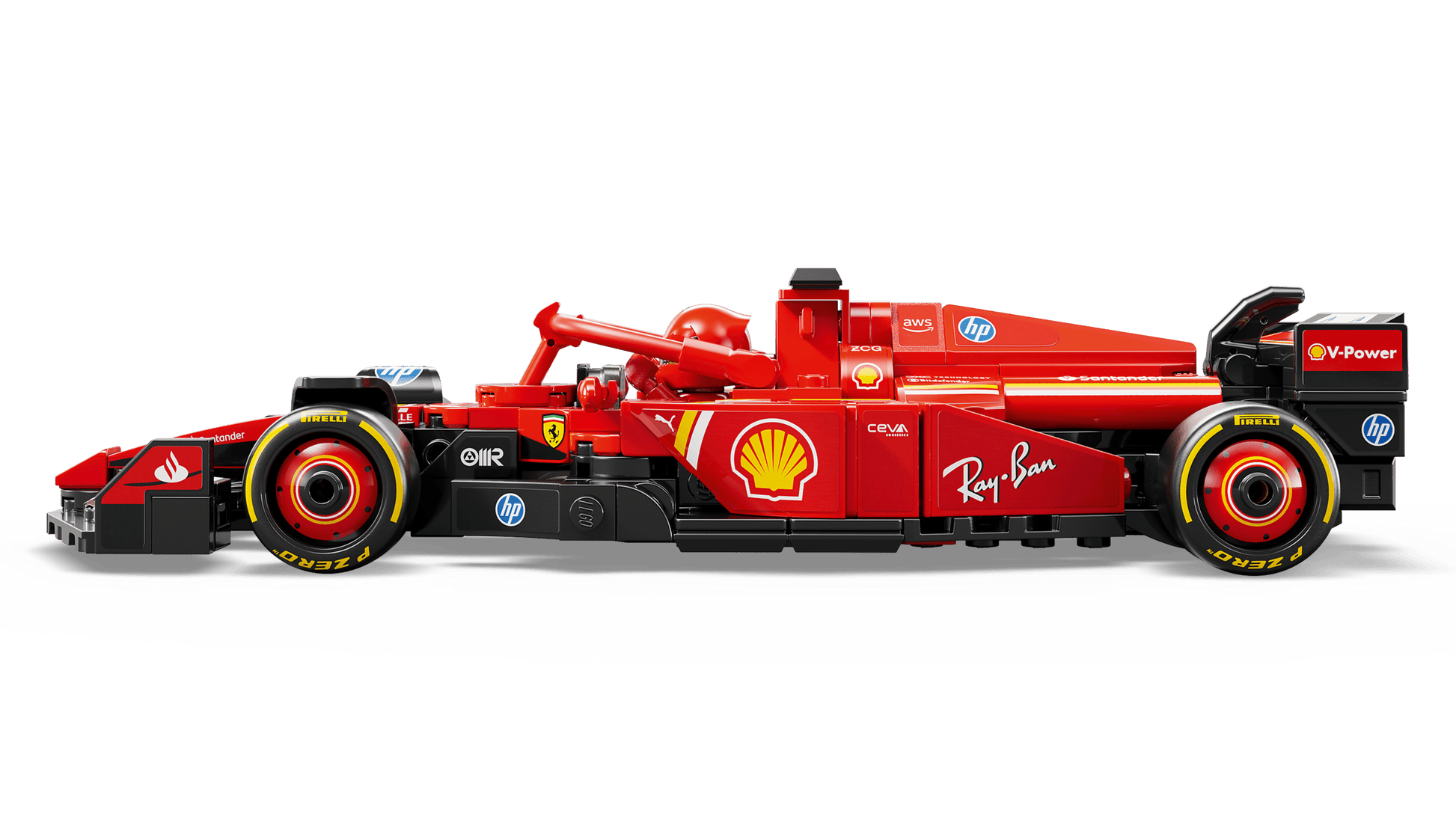 The LEGO® Speed Champions Ferrari SF-24 F1® Race Car by Legos - Toyhouse, shown in a sleek side profile, features authentic sponsor logos such as Shell, Ray-Ban, and HP.