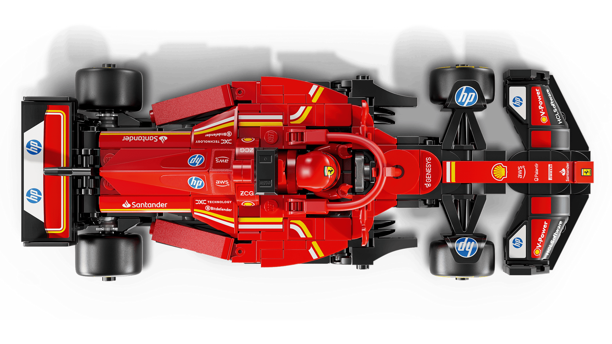 Top view of the LEGO® Speed Champions Ferrari SF-24 F1® Race Car by Legos - Toyhouse, featuring realistic sponsorship logos and a driver minifigure in the cockpit.