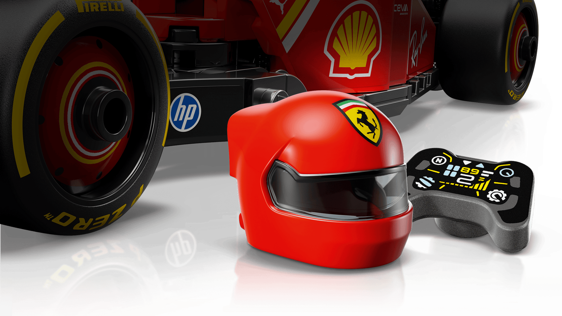 A close-up of the LEGO® Speed Champions Ferrari SF-24 F1® Race Car by Legos - Toyhouse, featuring a red helmet and a black handheld control panel on a white background.