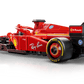 A LEGO® Speed Champions Ferrari SF-24 F1® Race Car by Legos - Toyhouse, in red with sponsor logos, is shown from the rear left side against a white background.