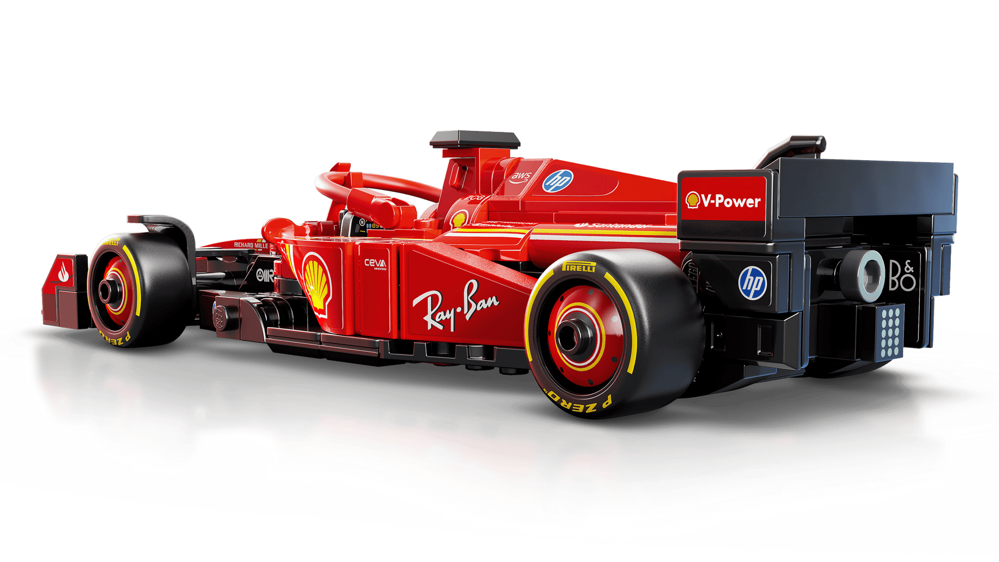 A LEGO® Speed Champions Ferrari SF-24 F1® Race Car by Legos - Toyhouse, in red with sponsor logos, is shown from the rear left side against a white background.