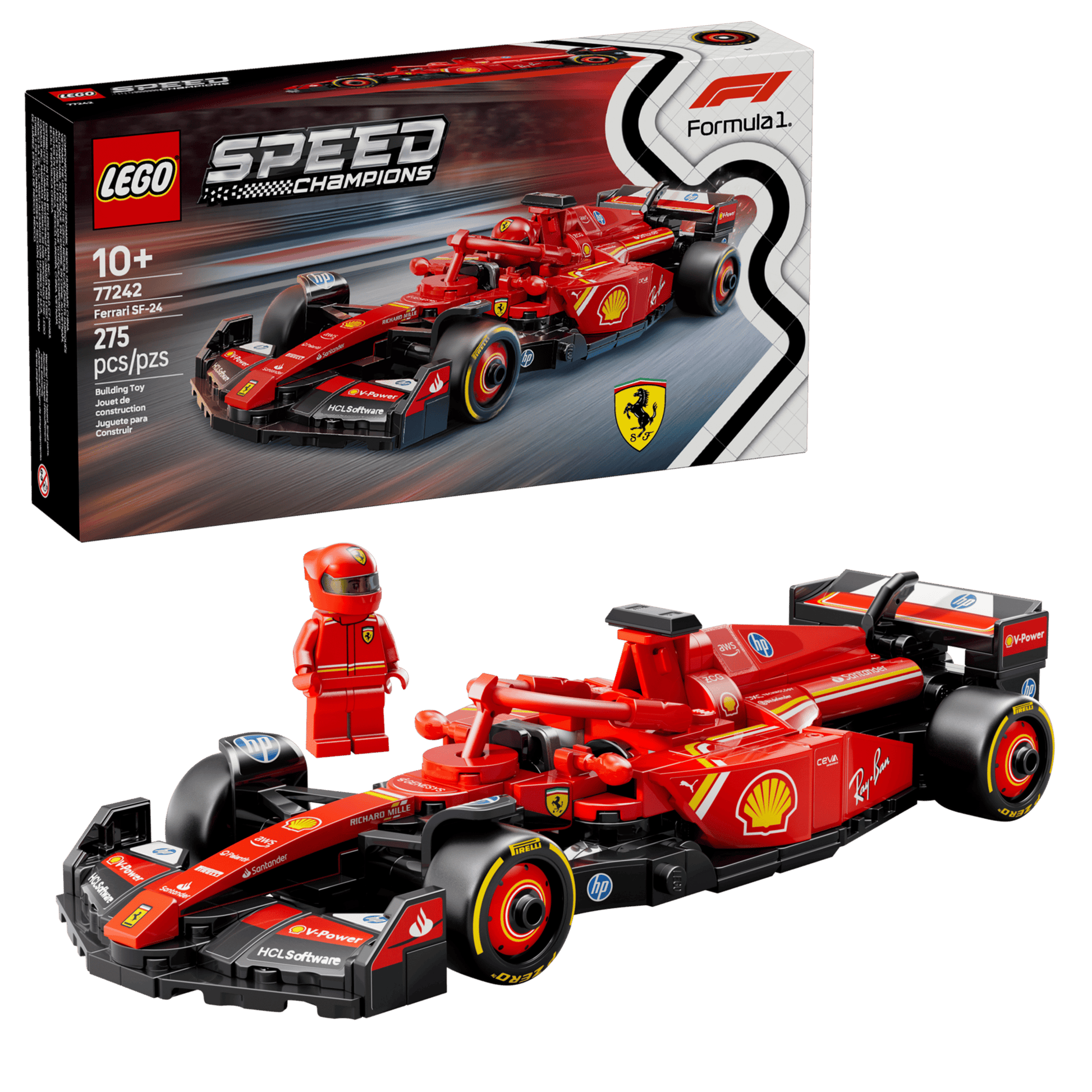 The Legos - Toyhouse LEGO® Speed Champions Ferrari SF-24 F1® Race Car set has 275 pieces, featuring a detailed F1 car, a red-suited minifigure, and the box displayed in the background.