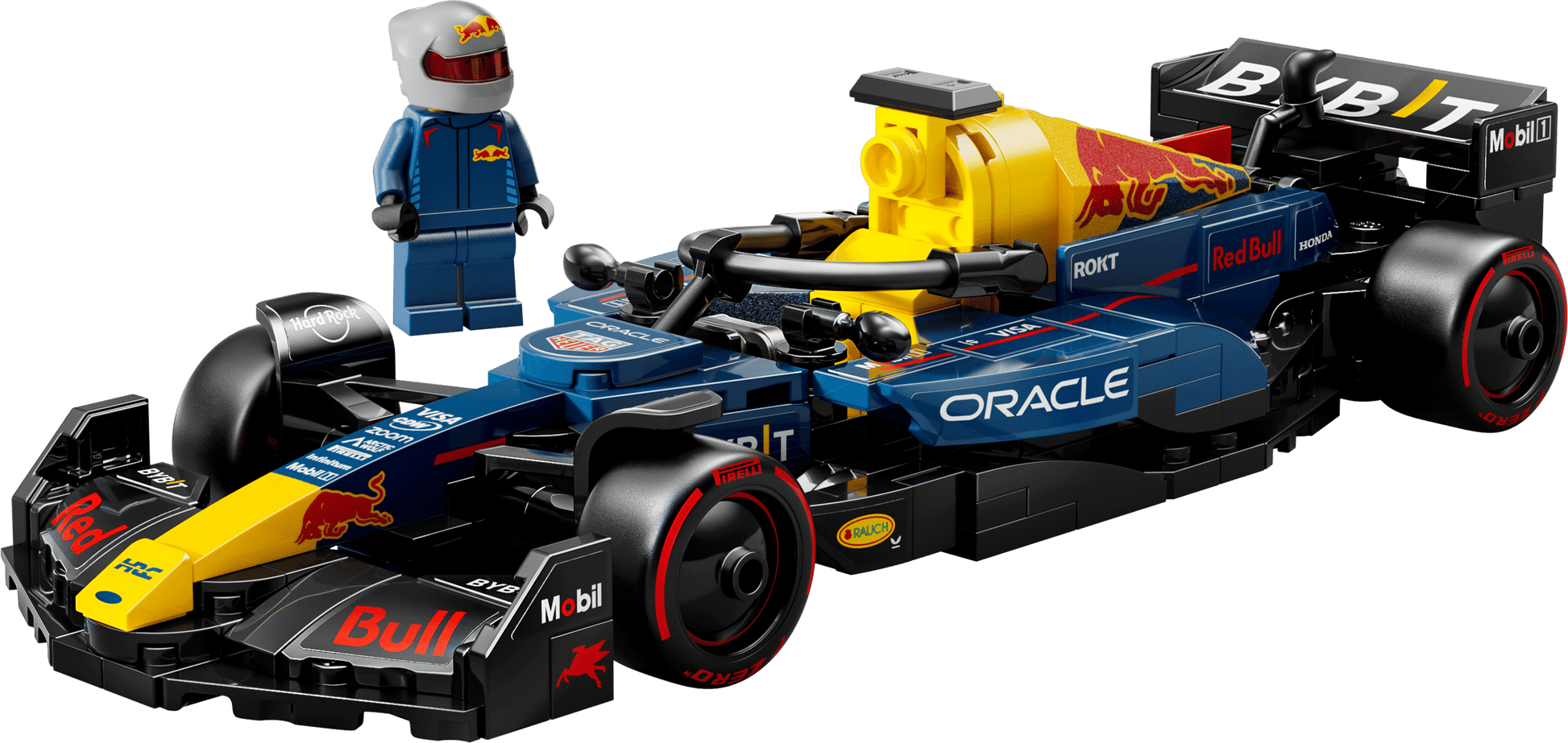 The Legos - Toyhouse LEGO® Speed Champions Oracle Red Bull Racing RB20 F1® Race Car comes with racing decals and a minifigure in a blue suit and helmet.