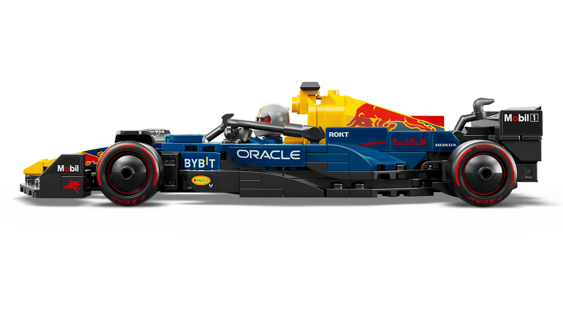 The LEGO® Speed Champions Oracle Red Bull Racing RB20 F1® Race Car by Legos - Toyhouse features authentic sponsor logos, blue and yellow colors, and detailed aerodynamic elements for Formula 1 fans.