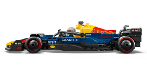 The LEGO® Speed Champions Oracle Red Bull Racing RB20 F1® Race Car by Legos - Toyhouse features authentic sponsor logos, blue and yellow colors, and detailed aerodynamic elements for Formula 1 fans.
