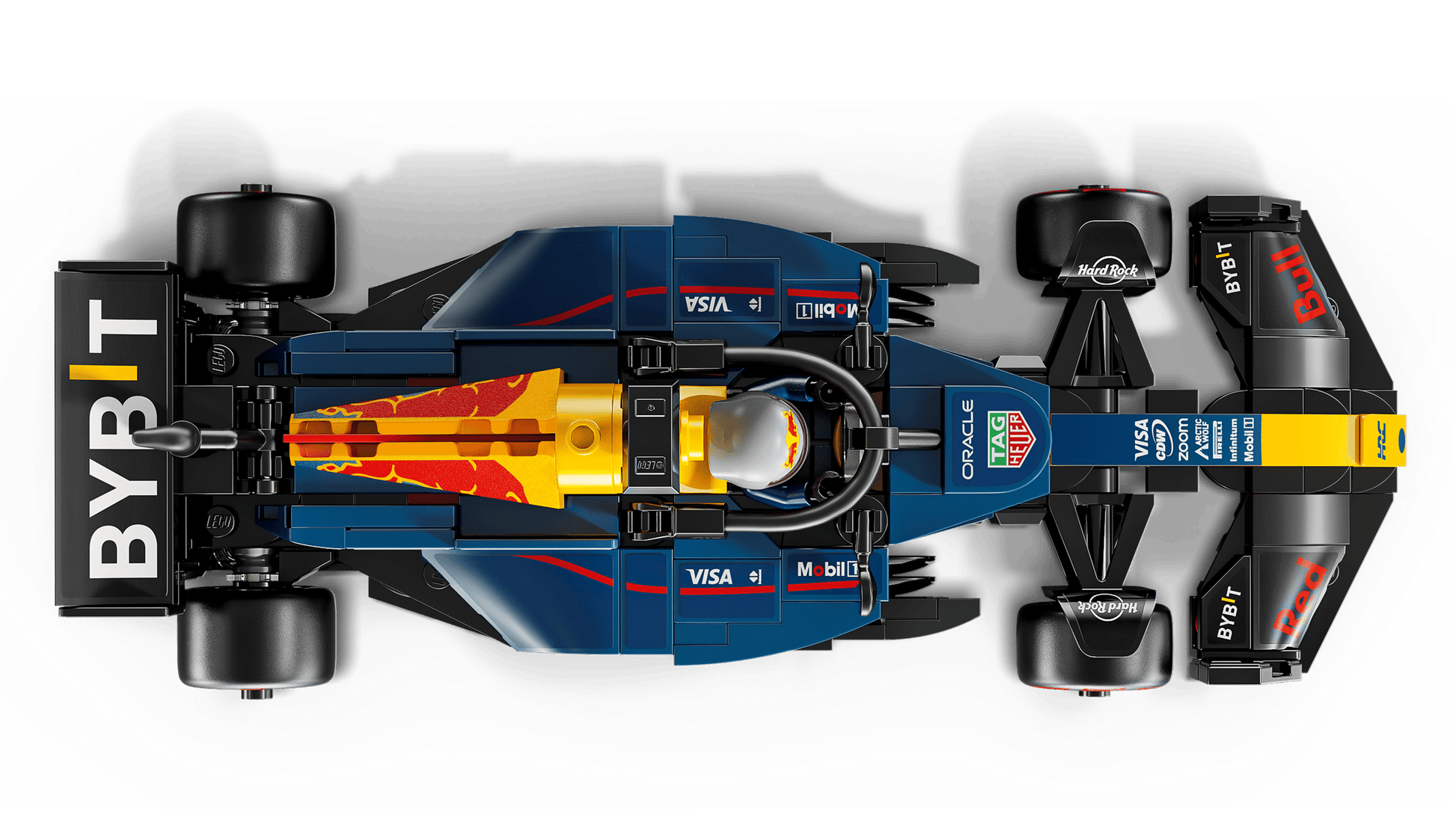 Top-down view of the LEGO® Speed Champions Oracle Red Bull Racing RB20 F1® Race Car by Legos - Toyhouse, featuring sponsor logos like BYBIT, Oracle, and Visa plus a striking yellow and red engine cover—ideal for LEGO fans.