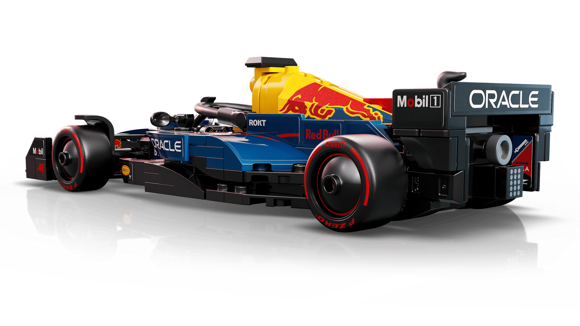 A LEGO® Speed Champions Oracle Red Bull Racing RB20 F1® Race Car by Legos - Toyhouse, featuring sponsor logos and detailed design, viewed from the rear left side.