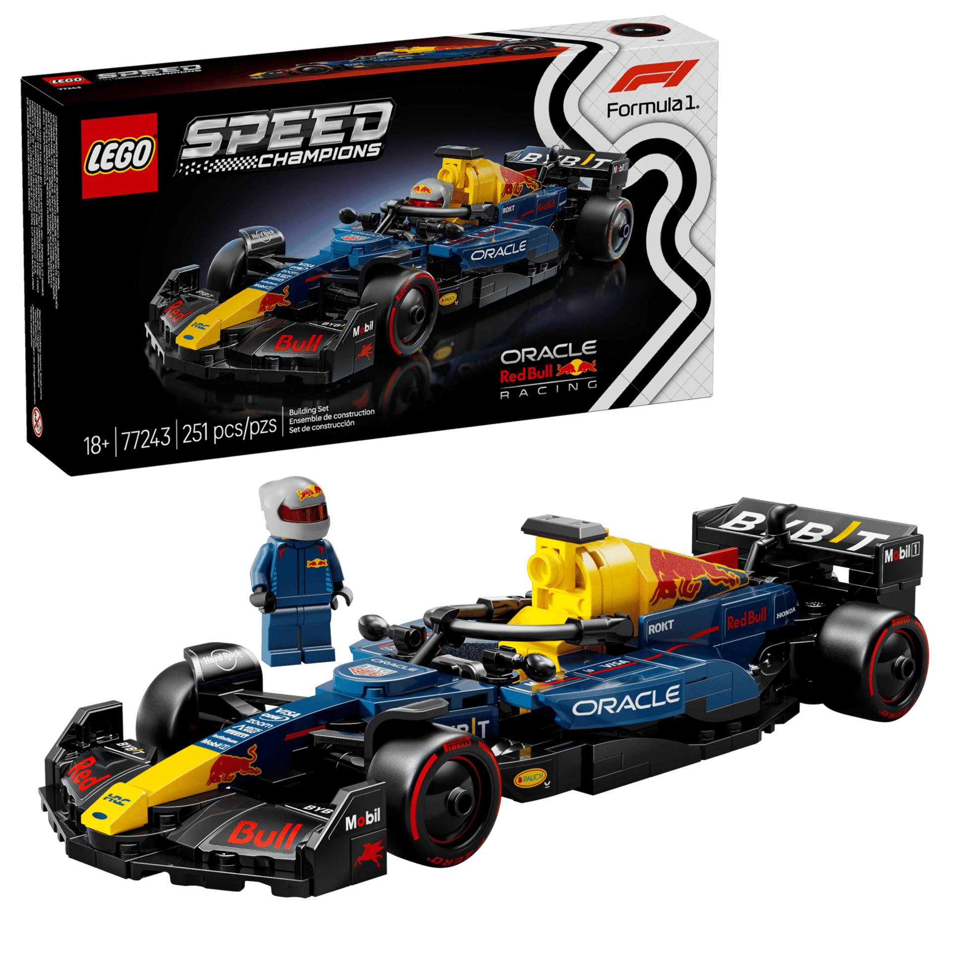 The Legos - Toyhouse LEGO® Speed Champions Oracle Red Bull Racing RB20 F1® Race Car set includes a buildable RB20, a racing driver minifigure, and features the product box in the background.