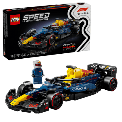 The Legos - Toyhouse LEGO® Speed Champions Oracle Red Bull Racing RB20 F1® Race Car set includes a buildable RB20, a racing driver minifigure, and features the product box in the background.