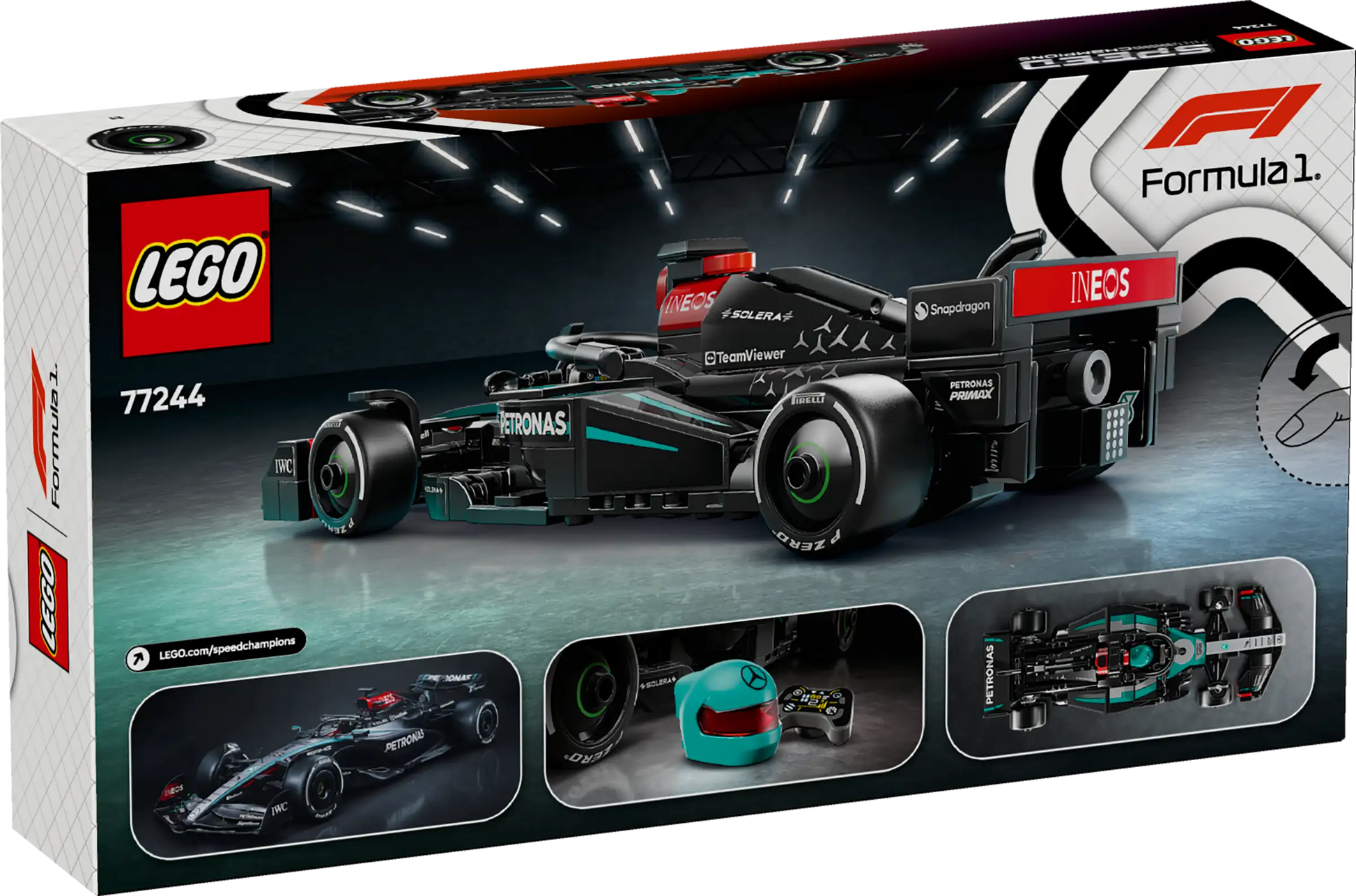 LEGO® Speed Champions Mercedes-AMG F1® W15 Race Car box by Legos - Toyhouse shows the black F1 car model from multiple angles, featuring official branding and F1 logos.