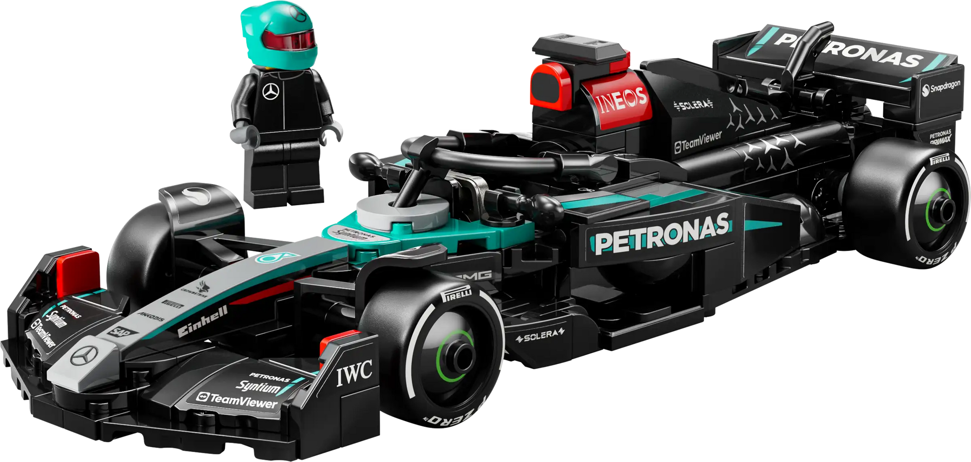 The LEGO® Speed Champions Mercedes-AMG F1® W15 Race Car by Legos - Toyhouse includes a race car model and a minifigure with a black racing suit and turquoise helmet standing beside it.