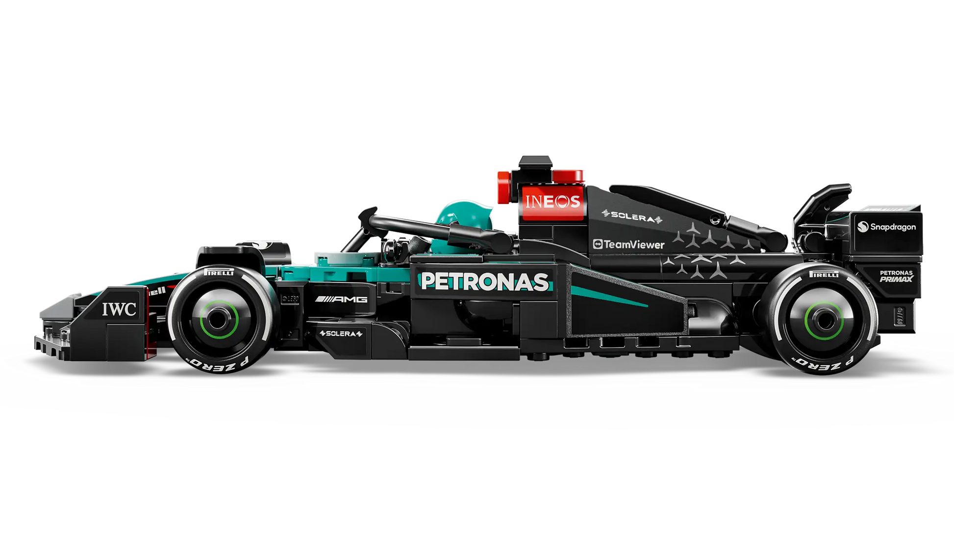 A LEGO® Speed Champions Mercedes-AMG F1® W15 Race Car by Legos - Toyhouse, shown in black with teal accents and sponsor logos, is displayed in a side view on a white background.