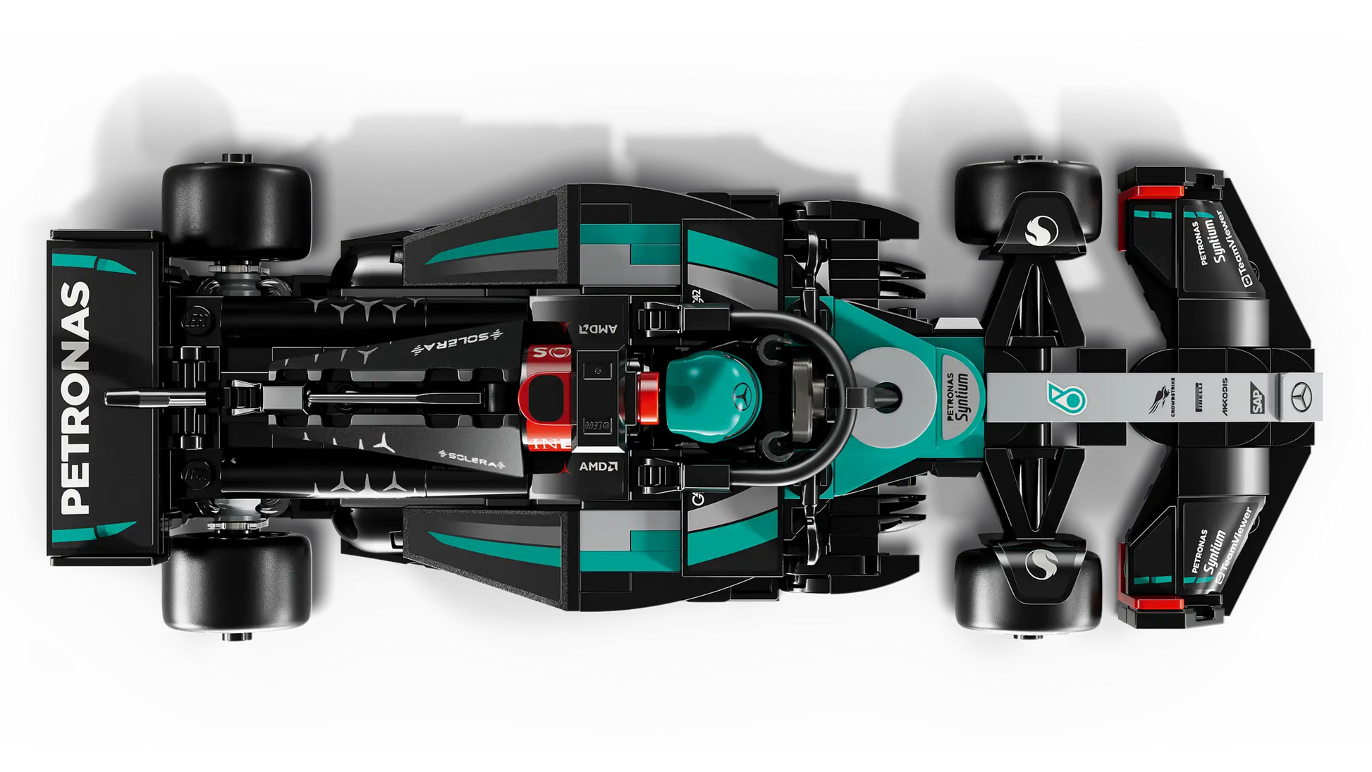 Top-down view of the LEGO® Speed Champions Mercedes-AMG F1® W15 Race Car by Legos - Toyhouse, showcasing black, teal, and silver details with authentic sponsor logos.