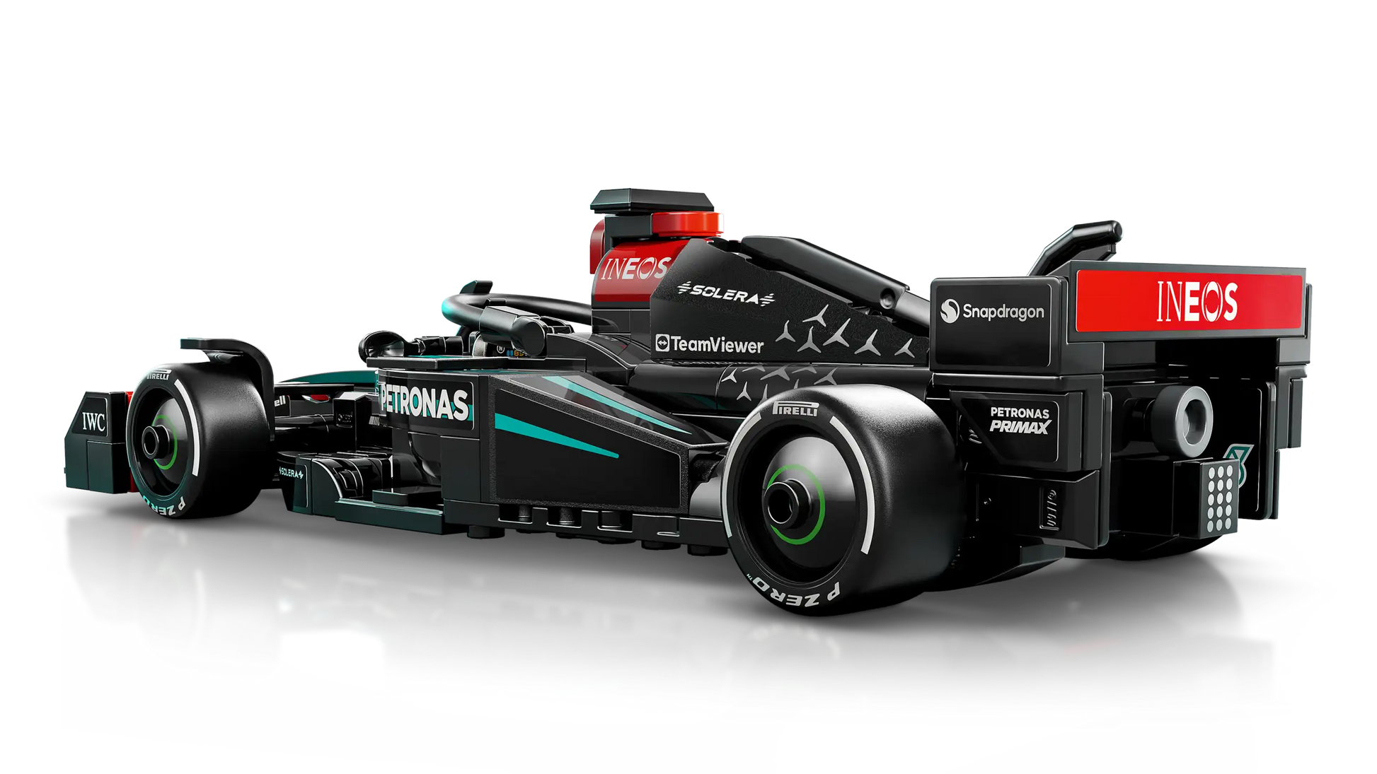 The LEGO® Speed Champions Mercedes-AMG F1® W15 Race Car by Legos - Toyhouse is a black Formula 1 model with PETRONAS, INEOS, and other sponsor logos, shown from the back and side on a white background.