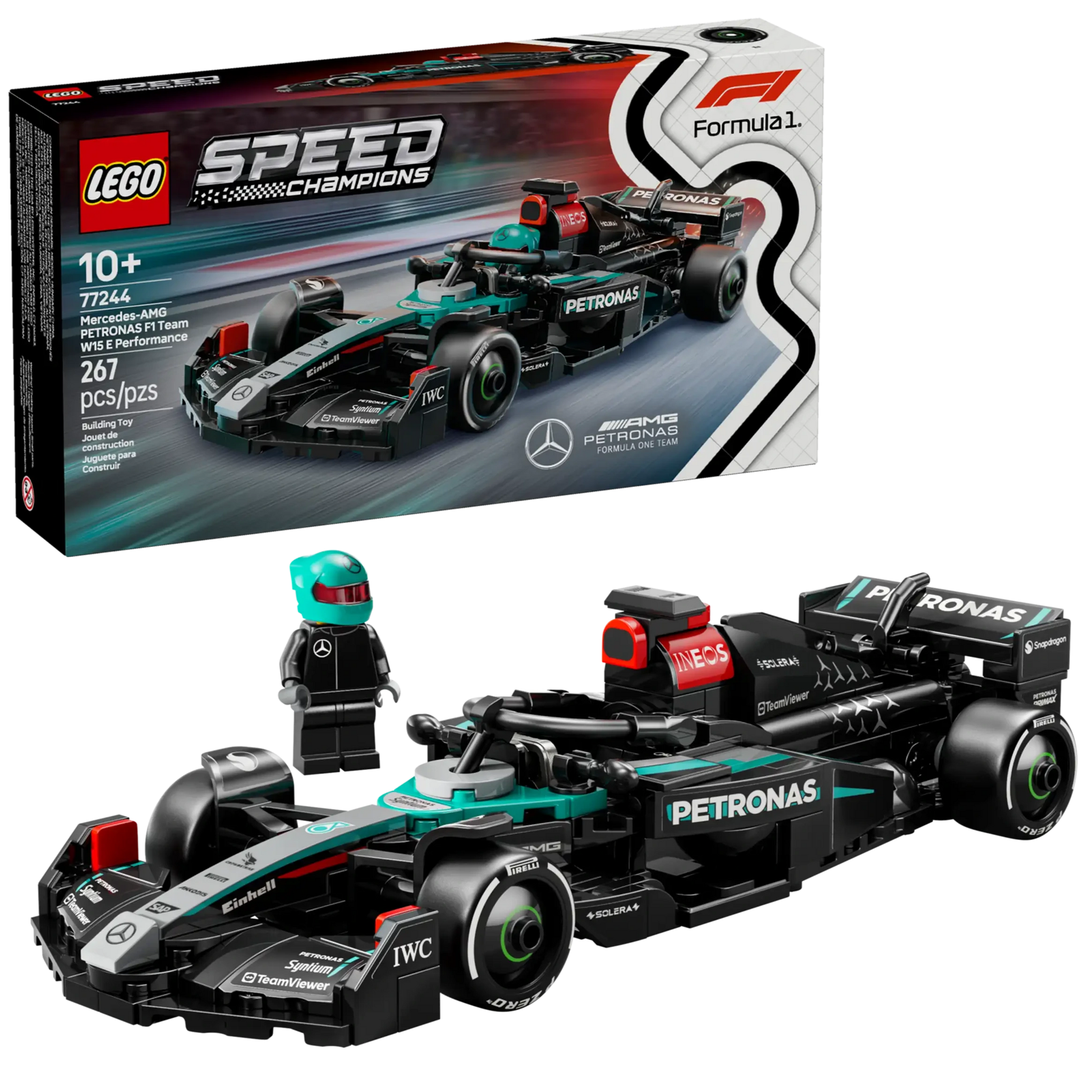 The LEGO® Speed Champions Mercedes-AMG F1® W15 Race Car by Legos - Toyhouse features a black and green Formula 1 car, driver minifigure with helmet, and 267 pieces. Ideal for builders aged 10+.