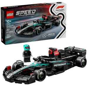 The LEGO® Speed Champions Mercedes-AMG F1® W15 Race Car by Legos - Toyhouse features a black and green Formula 1 car, driver minifigure with helmet, and 267 pieces. Ideal for builders aged 10+.