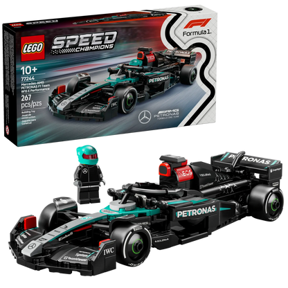The LEGO® Speed Champions Mercedes-AMG F1® W15 Race Car by Legos - Toyhouse features a black and green Formula 1 car, driver minifigure with helmet, and 267 pieces. Ideal for builders aged 10+.