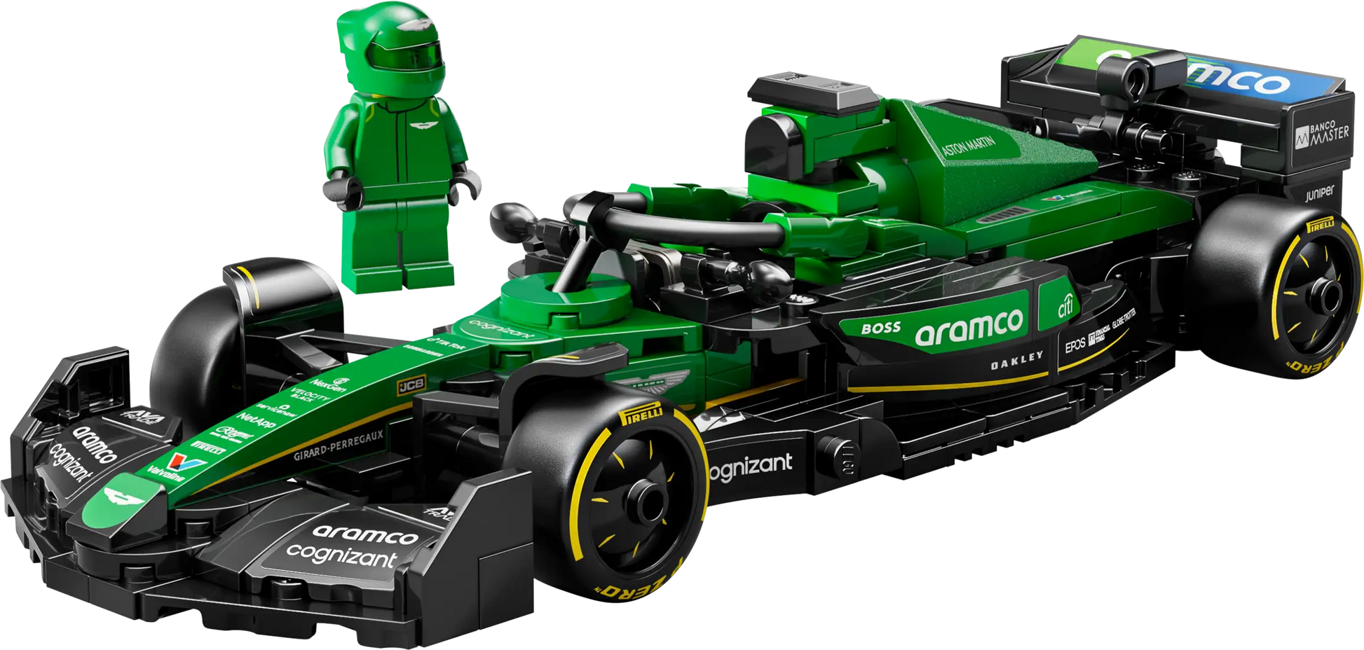 Build the LEGO® Speed Champions Aston Martin Aramco F1® AMR24 Race Car from Legos - Toyhouse, featuring authentic sponsor logos and a matching green driver minifigure.