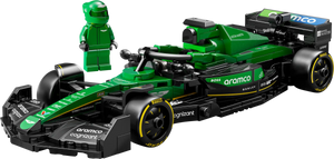 Build the LEGO® Speed Champions Aston Martin Aramco F1® AMR24 Race Car from Legos - Toyhouse, featuring authentic sponsor logos and a matching green driver minifigure.