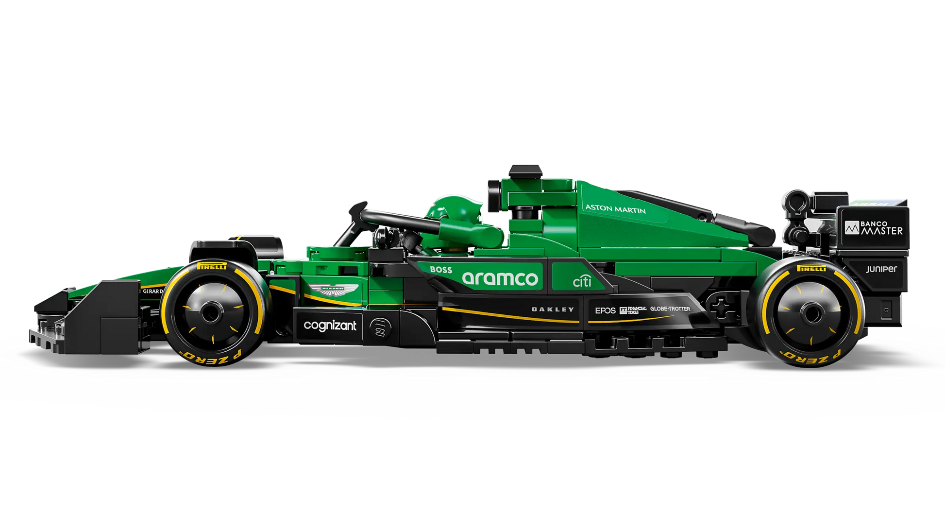 Side view of the LEGO® Speed Champions Aston Martin Aramco F1® AMR24 Race Car by Legos - Toyhouse, showcasing the green and black 2024 Formula 1 design with sponsor branding on a plain white background.