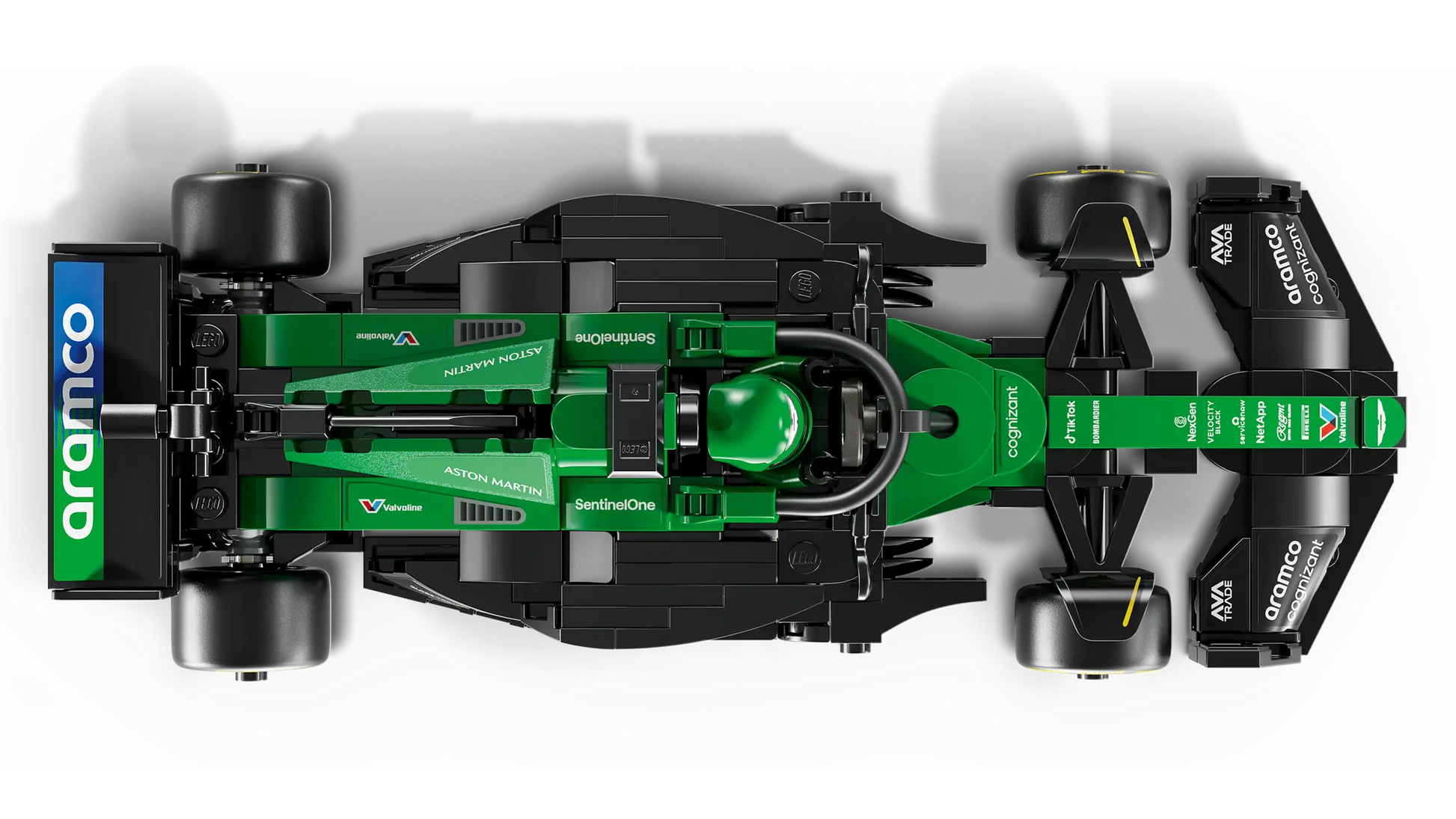 Top-down view of the LEGO® Speed Champions Aston Martin Aramco F1® AMR24 Race Car by Legos - Toyhouse, featuring sponsor logos like Aramco and Aston Martin—ideal for fans of LEGO and Formula 1 in 2024.