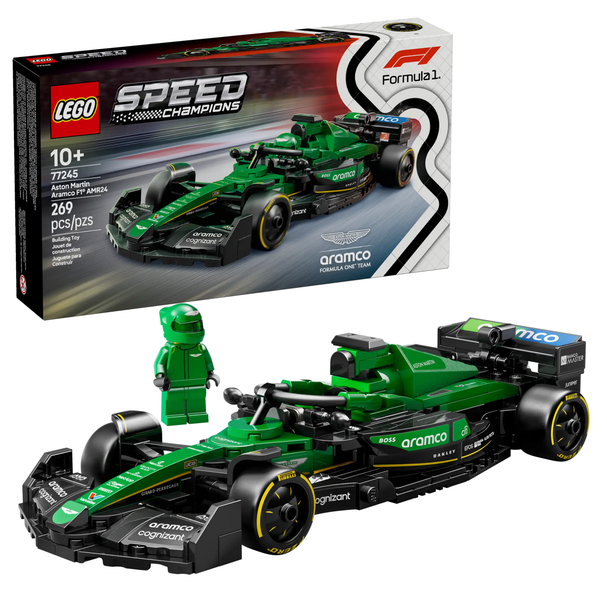 The Legos - Toyhouse LEGO® Speed Champions Aston Martin Aramco F1® AMR24 Race Car set includes a 2024-inspired race car, matching driver minifigure, and features the product box in the background.