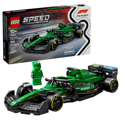 The Legos - Toyhouse LEGO® Speed Champions Aston Martin Aramco F1® AMR24 Race Car set includes a 2024-inspired race car, matching driver minifigure, and features the product box in the background.