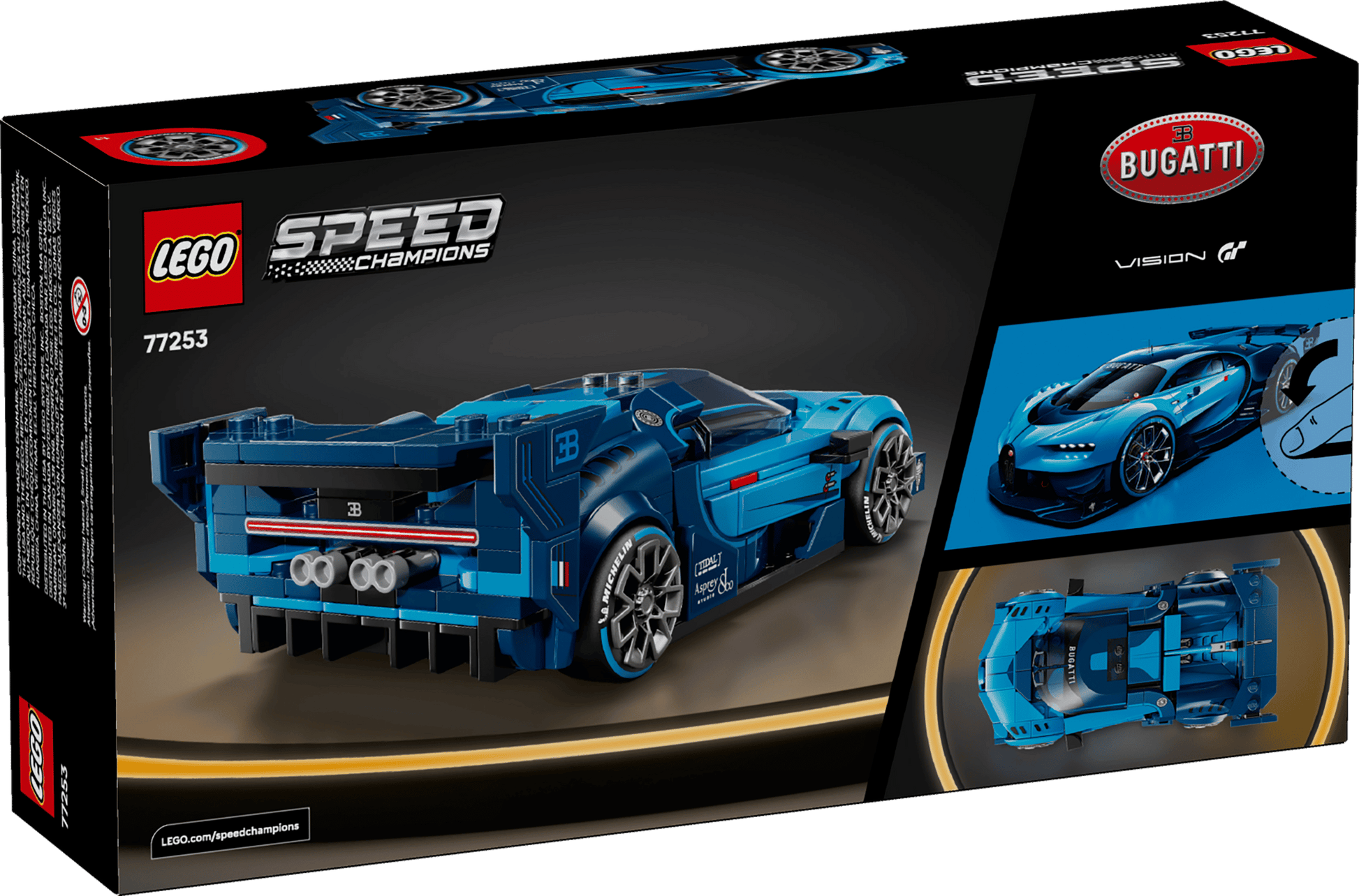 The Legos - Toyhouse LEGO® Speed Champions Bugatti Vision GT Hyper Sports Car set 77253 box displays images of the blue model from rear, side, and top views.