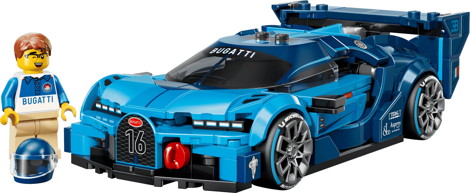 Legos - Toyhouse LEGO® Speed Champions Bugatti Vision GT Hyper Sports Car set includes a blue Bugatti Vision GT with detailed decals and a minifigure in a BUGATTI shirt, smiling and holding a blue helmet.