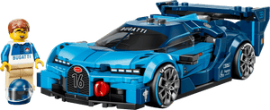 Legos - Toyhouse LEGO® Speed Champions Bugatti Vision GT Hyper Sports Car set includes a blue Bugatti Vision GT with detailed decals and a minifigure in a BUGATTI shirt, smiling and holding a blue helmet.