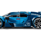 A side view of the LEGO® Speed Champions Bugatti Vision GT Hyper Sports Car by Legos - Toyhouse, featuring blue color, sponsor logos, large wheels, and a rear spoiler inspired by the real Vision Gran Turismo.