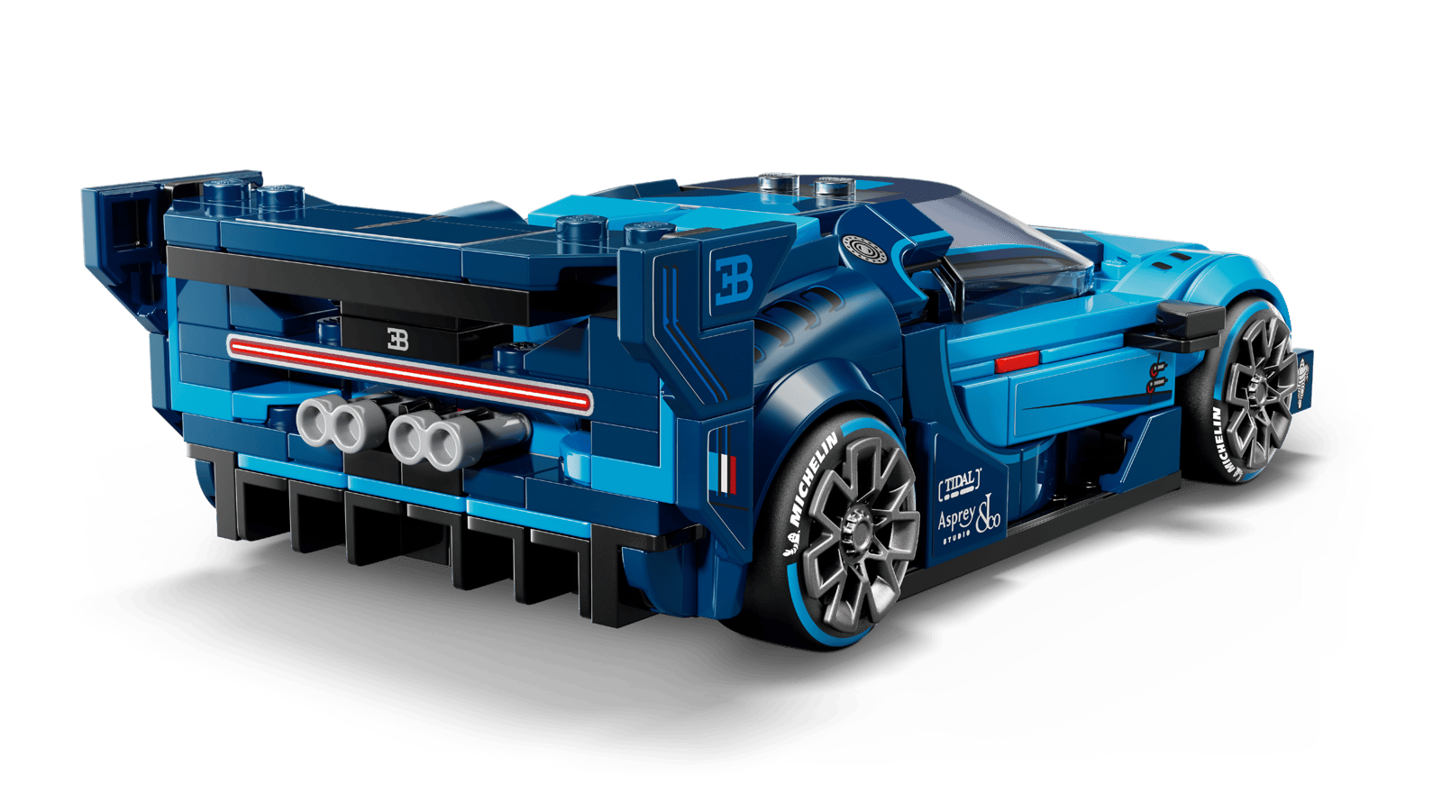 A blue LEGO® Speed Champions Bugatti Vision GT Hyper Sports Car by Legos - Toyhouse, featuring a rear spoiler, detailed exhaust pipes, and branded decals, is shown from the back left angle on a white background.