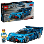 The LEGO® Speed Champions Bugatti Vision GT Hyper Sports Car by Legos - Toyhouse includes a blue hyper sports car, a Bugatti-attired minifigure, and detailed packaging visible in the background.