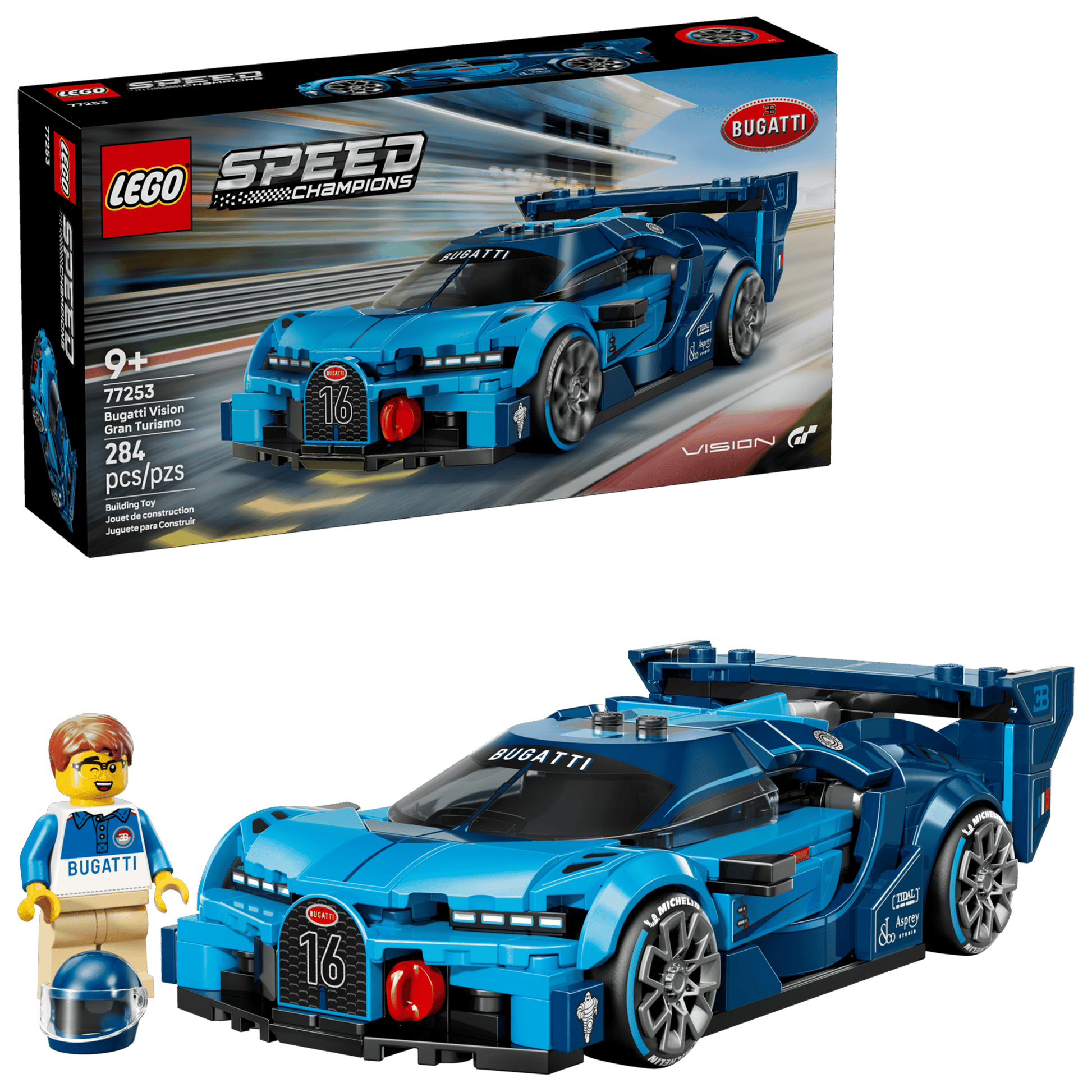 The LEGO® Speed Champions Bugatti Vision GT Hyper Sports Car by Legos - Toyhouse includes a blue hyper sports car, a Bugatti-attired minifigure, and detailed packaging visible in the background.