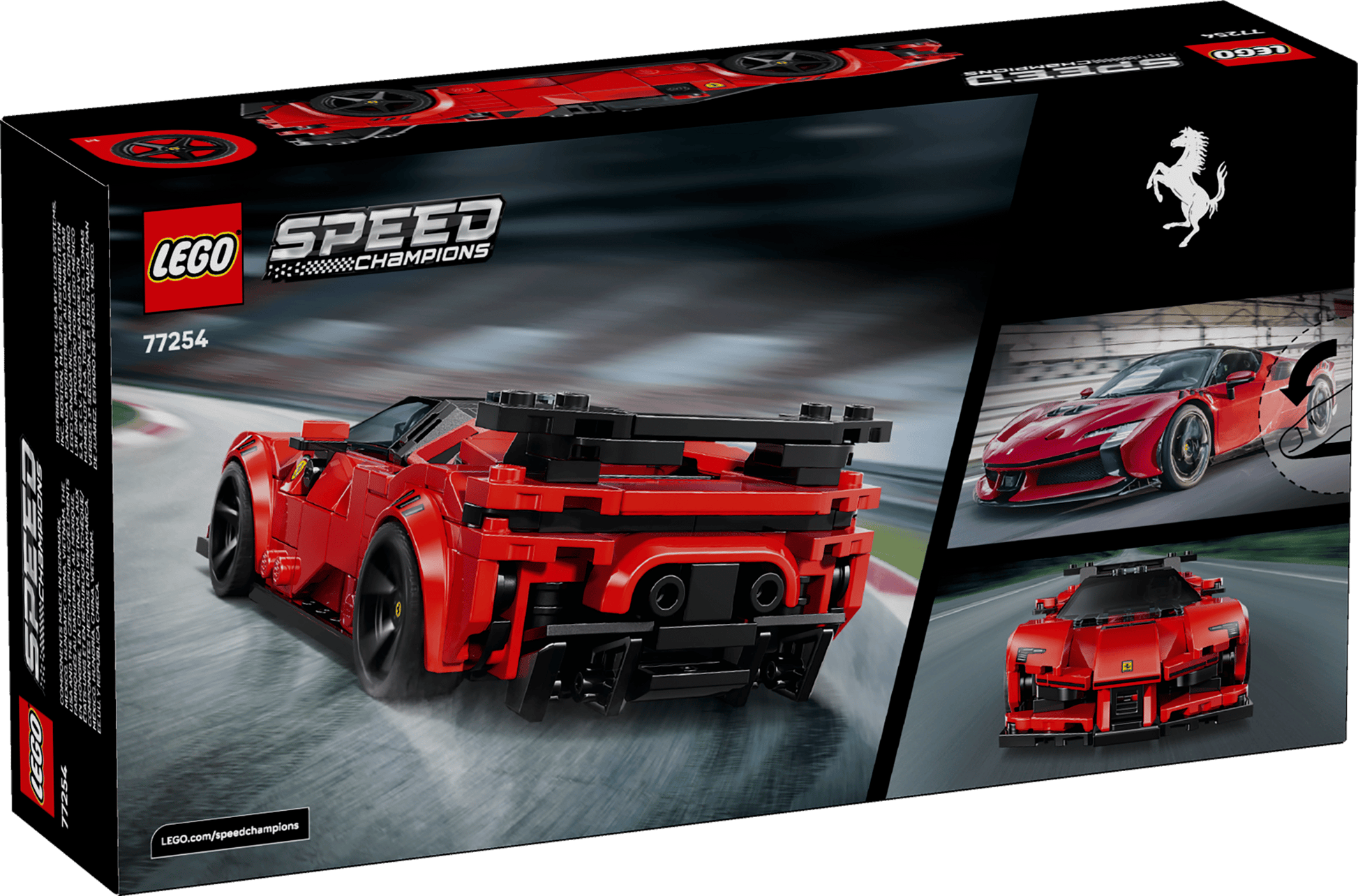 The LEGO® Speed Champions Ferrari SF90 XX Stradale Sports Car box from Legos - Toyhouse features images of the real Ferrari and branding on a racetrack-themed background.