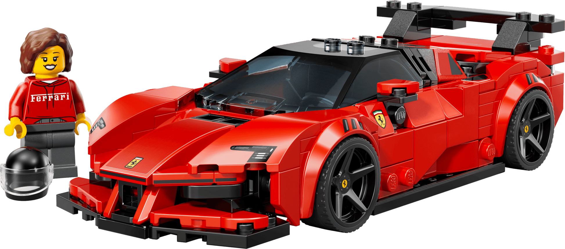 The Legos - Toyhouse LEGO® Speed Champions Ferrari SF90 XX Stradale Sports Car features a striking red and black design, plus a minifigure in a red Ferrari shirt with a black helmet—ideal for any Ferrari toy car collector.