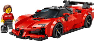 The Legos - Toyhouse LEGO® Speed Champions Ferrari SF90 XX Stradale Sports Car features a striking red and black design, plus a minifigure in a red Ferrari shirt with a black helmet—ideal for any Ferrari toy car collector.
