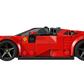 Side view of a red LEGO® Speed Champions Ferrari SF90 XX Stradale Sports Car by Legos - Toyhouse, featuring black wheels and Ferrari logo details against a plain white background.
