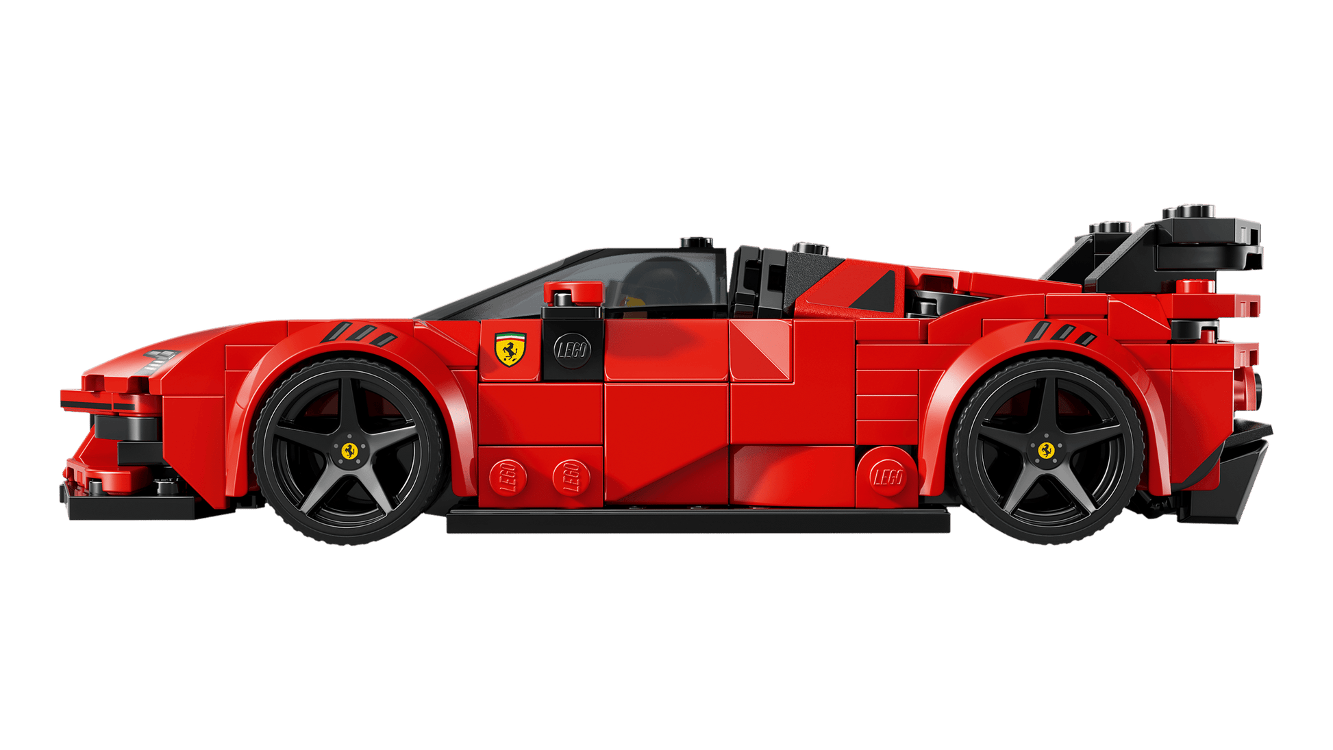 Side view of a red LEGO® Speed Champions Ferrari SF90 XX Stradale Sports Car by Legos - Toyhouse, featuring black wheels and Ferrari logo details against a plain white background.