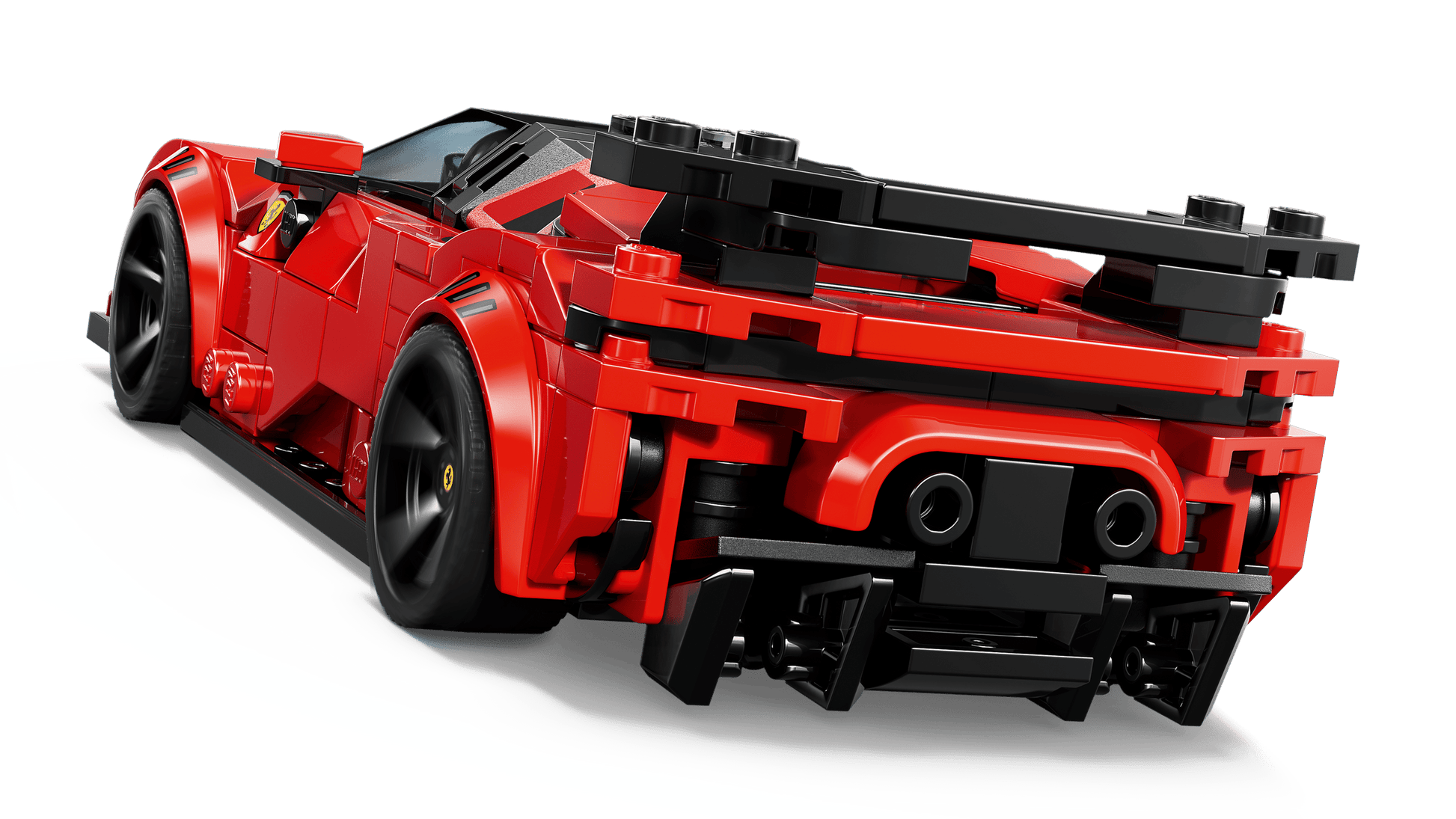 A red LEGO® Speed Champions Ferrari SF90 XX Stradale Sports Car by Legos - Toyhouse, shown from the rear with black accents, a spoiler, and detailed tail lights inspired by the iconic SF90 XX Stradale.