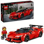 The LEGO® Speed Champions Ferrari SF90 XX Stradale Sports Car by Legos - Toyhouse includes 339 pieces, a red Ferrari toy car, a driver minifigure with helmet, and the product box—perfect for racing enthusiasts.