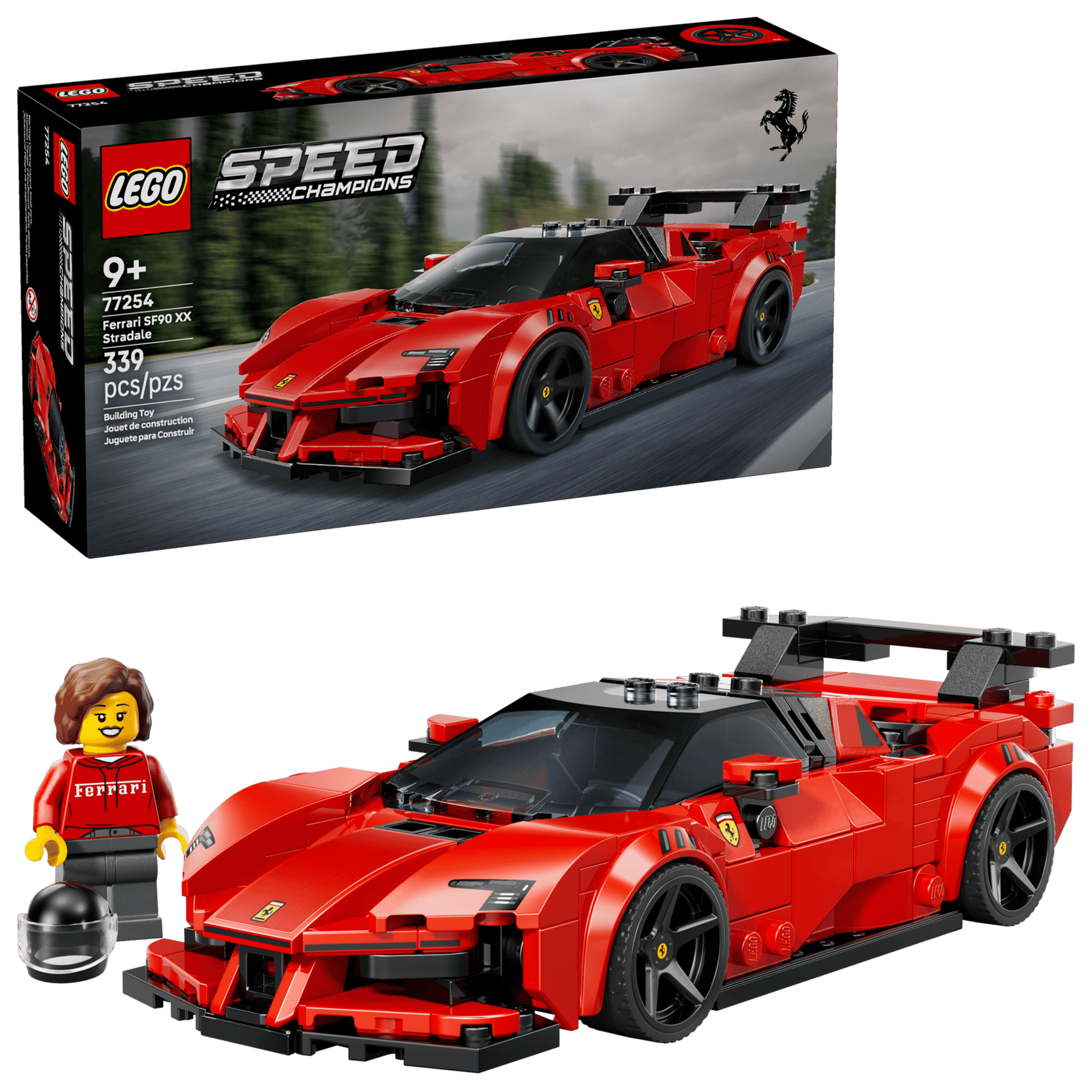 The LEGO® Speed Champions Ferrari SF90 XX Stradale Sports Car by Legos - Toyhouse includes 339 pieces, a red Ferrari toy car, a driver minifigure with helmet, and the product box—perfect for racing enthusiasts.
