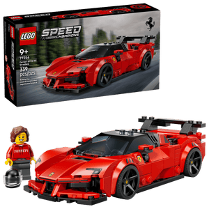 The LEGO® Speed Champions Ferrari SF90 XX Stradale Sports Car by Legos - Toyhouse includes 339 pieces, a red Ferrari toy car, a driver minifigure with helmet, and the product box—perfect for racing enthusiasts.