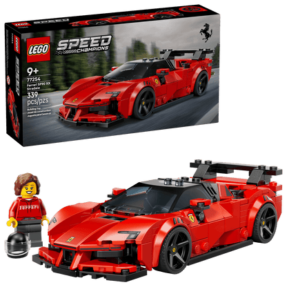 The LEGO® Speed Champions Ferrari SF90 XX Stradale Sports Car by Legos - Toyhouse includes 339 pieces, a red Ferrari toy car, a driver minifigure with helmet, and the product box—perfect for racing enthusiasts.